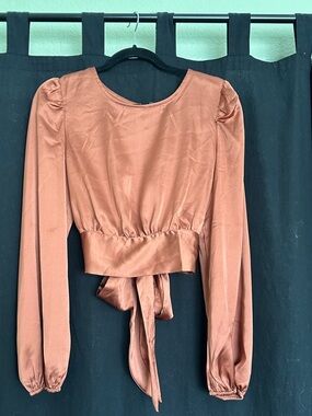 mittoshop Satin Tie-Back Long Sleeve Blouse - Rust Brown